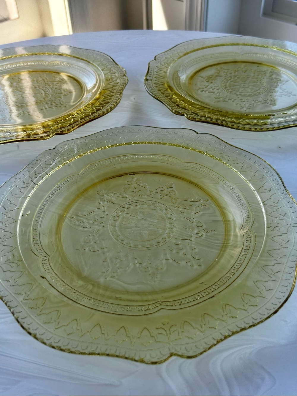 3 1930s Federal Depression Glass Patrician Spoke Plate/Dish Gold Amber Yellow